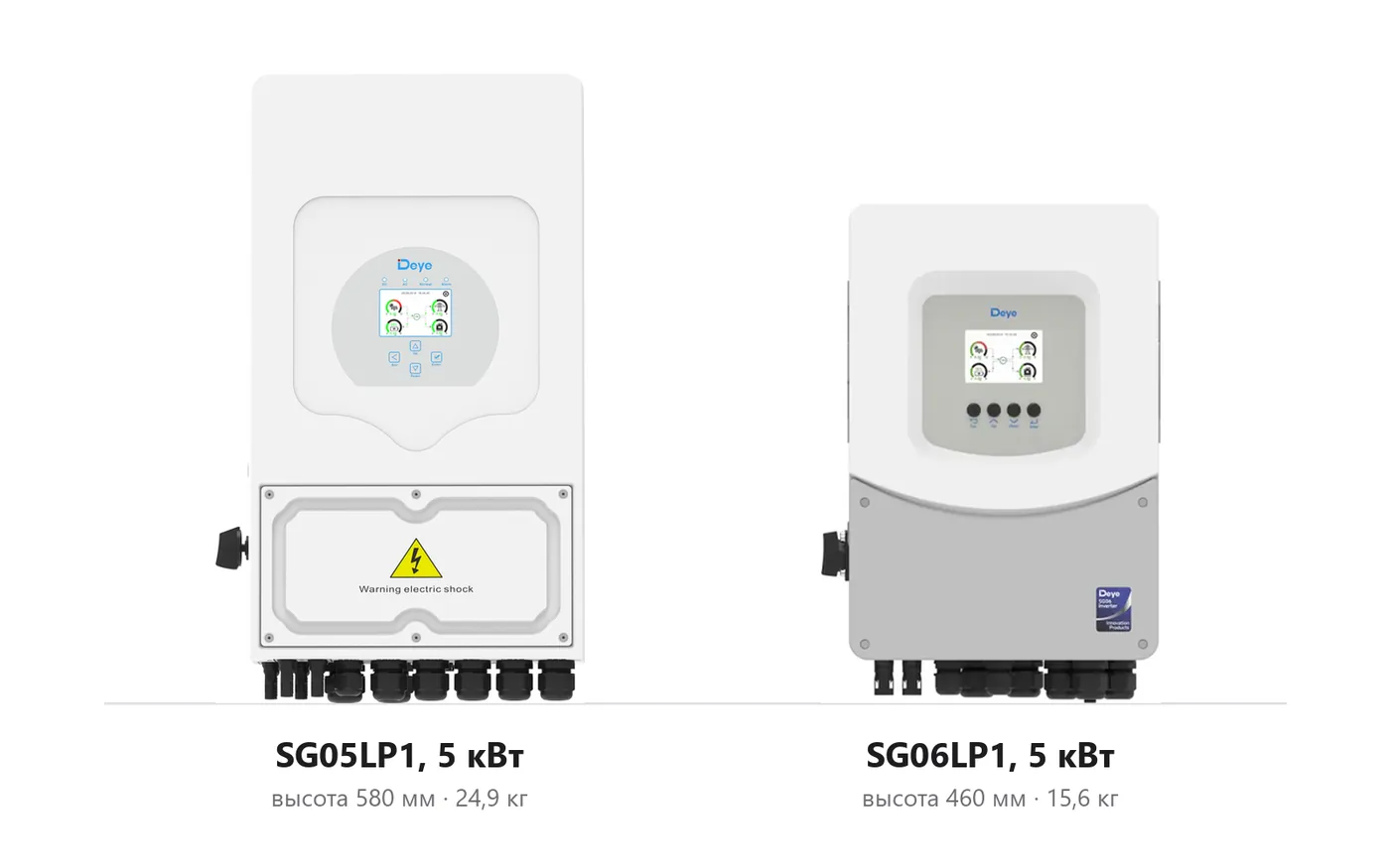 Однофазные инверторы Deye на 5 кВт в одном масштабе: SG05LP1 высотой 580 мм и весом 24,9 кг, SG06LP1 высотой 460 мм и весом 15,6 кг