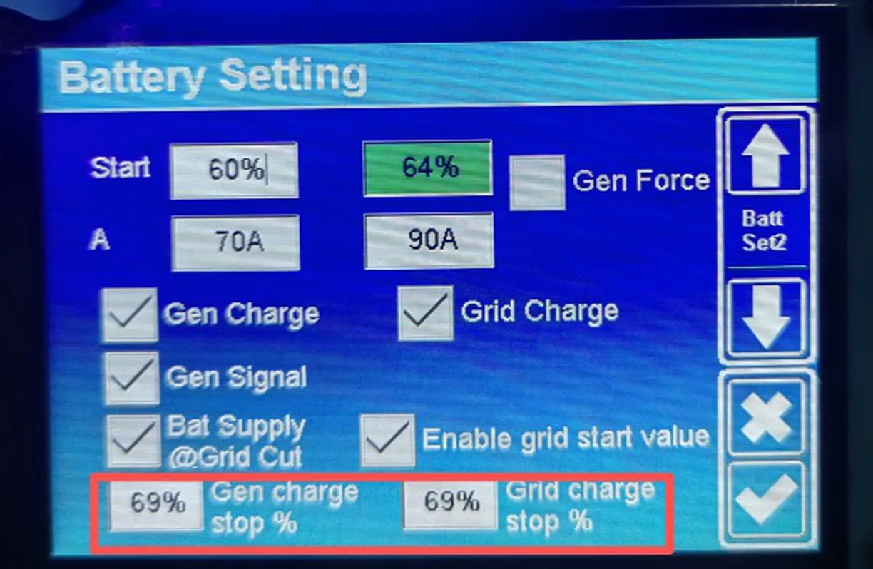 Экран Battery Setting: новые поля Gen charge stop % и Grid charge stop % — до какого уровня заряжать батарею от генератора и от сети