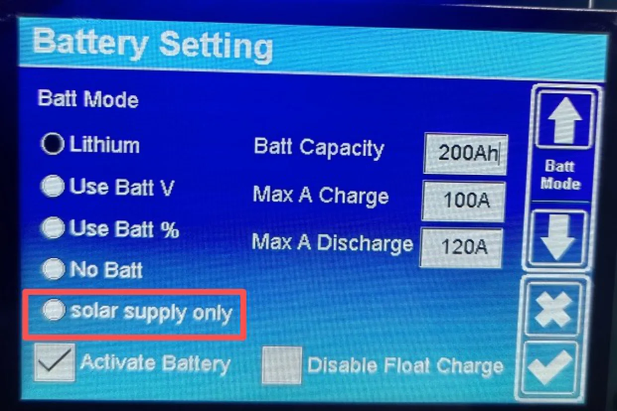 Экран Battery Setting, страница Batt Mode: новый режим solar supply only — питание нагрузки от панелей без батареи