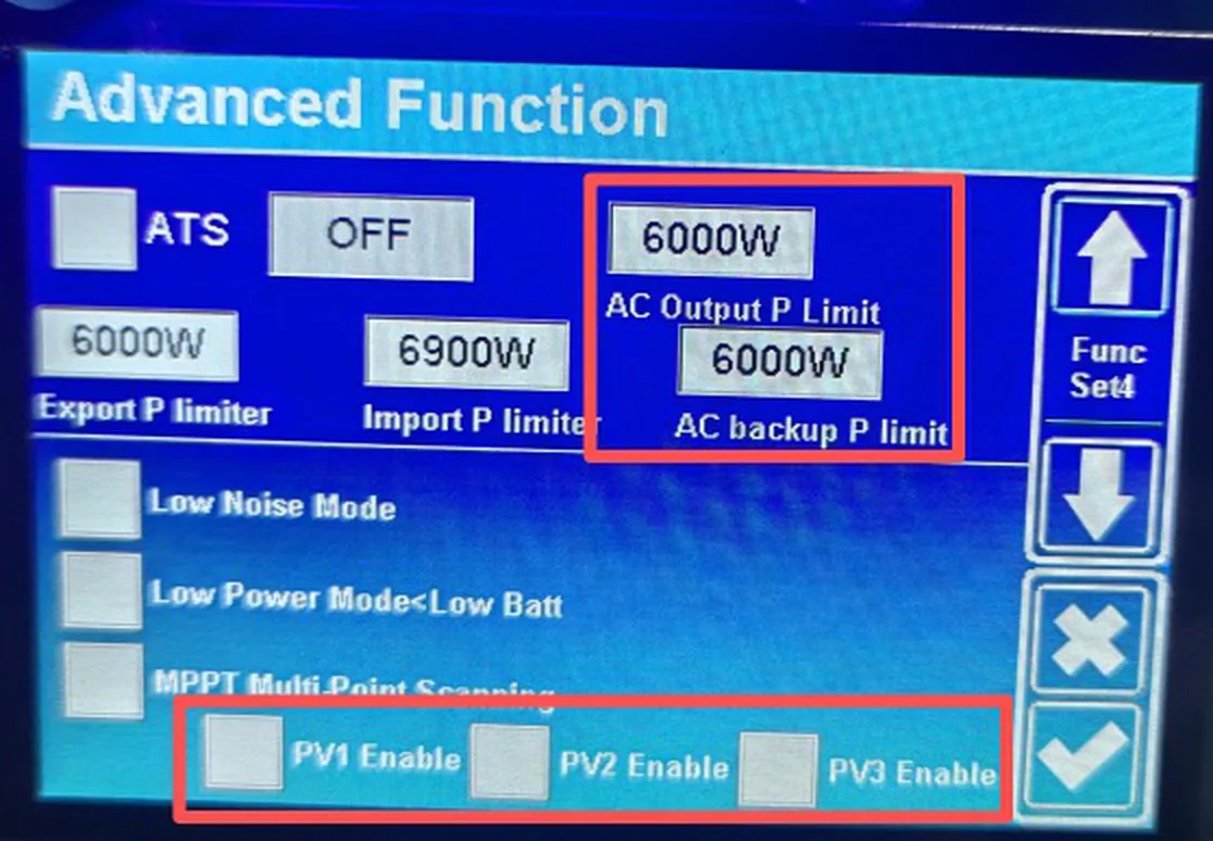 Экран Advanced Function: AC Output P Limit и AC backup P limit — ограничения мощности, галочки PV1, PV2 и PV3 Enable — контроль обрыва стрингов