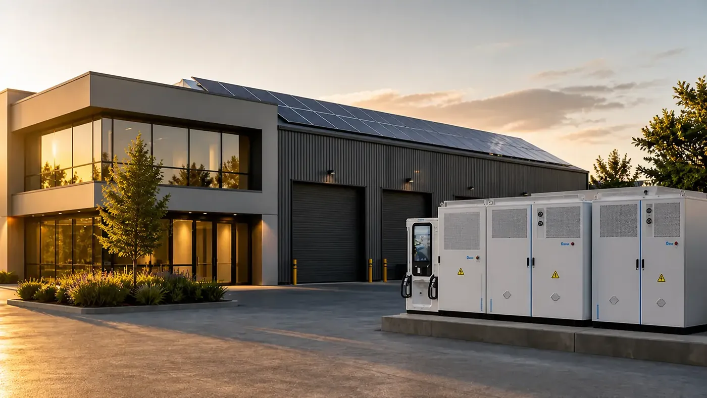 Шкафы промышленного накопителя Deye серии MC-LC430 и зарядная станция для электромобилей у здания с панелями на крыше — вариант для средних и крупных объектов