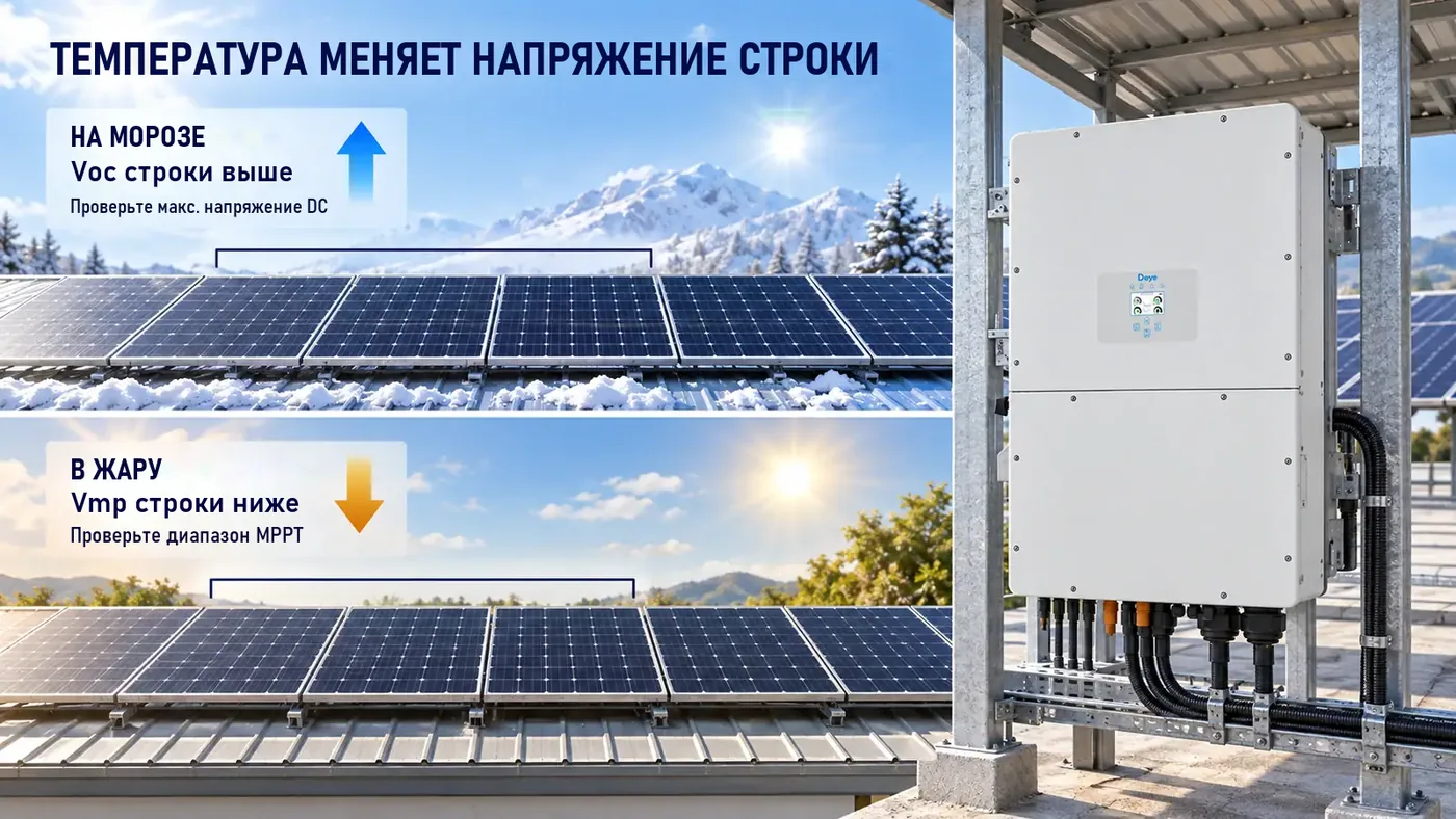 Панели на морозе и в жару: напряжение строки меняется с температурой, рядом инвертор