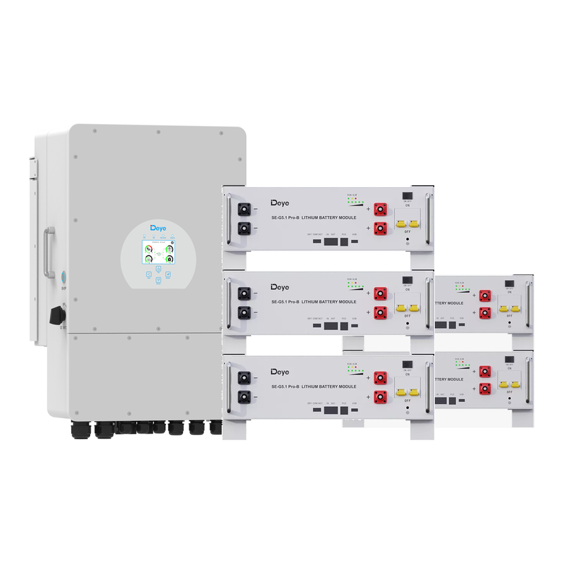 Комплект Deye 12 кВт и 25,6 кВт·ч: инвертор SUN-12K-SG04LP3 и пять батарей SE-G5.1 Pro-B